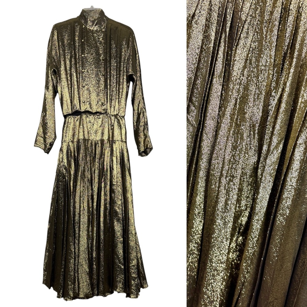 Jean-Louis Scherrer Paris Silk Gold Lame Button Circle Skirt Pleated Dress - Picture 1 of 9